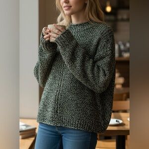 Chunky Marled Knit Sweater Green Black Textured Loose Fit Slouchy Boho Artisan M